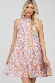 Pink Abstract Print Ruffle Neck Dress