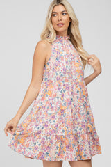 Pink Abstract Print Ruffle Neck Dress