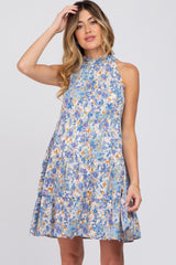 Blue Abstract Print Ruffle Neck Maternity Dress