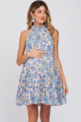 Blue Abstract Print Ruffle Neck Maternity Dress