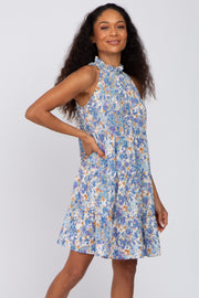 Blue Abstract Print Ruffle Neck Dress