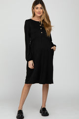 Black Button Front Long Sleeve Maternity Dress