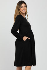 Black Button Front Long Sleeve Maternity Dress