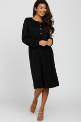 Black Button Front Long Sleeve Maternity Dress