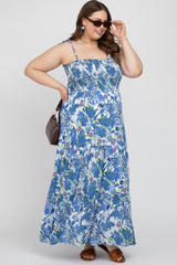 Blue Floral Smocked Square Neck Maternity Plus Maxi Dress