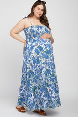 Blue Floral Smocked Square Neck Maternity Plus Maxi Dress