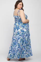 Blue Floral Smocked Square Neck Maternity Plus Maxi Dress