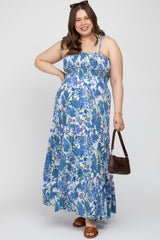 Blue Floral Smocked Square Neck Maternity Plus Maxi Dress