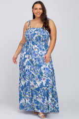 Blue Floral Smocked Square Neck Plus Maxi Dress