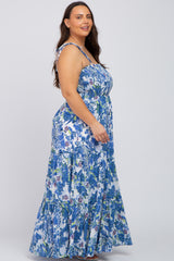 Blue Floral Smocked Square Neck Plus Maxi Dress