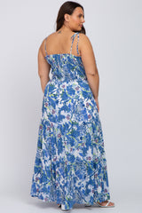 Blue Floral Smocked Square Neck Plus Maxi Dress