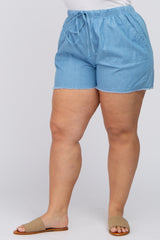 Blue Chambray Frayed Hem Drawstring Plus Shorts