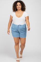 Blue Chambray Frayed Hem Drawstring Maternity Plus Shorts