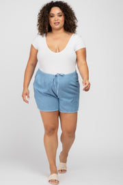 Blue Chambray Frayed Hem Drawstring Maternity Plus Shorts