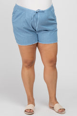 Blue Chambray Frayed Hem Drawstring Maternity Plus Shorts