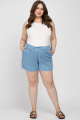 Blue Chambray Frayed Hem Drawstring Maternity Plus Shorts