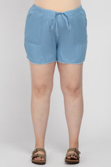 Blue Chambray Frayed Hem Drawstring Maternity Plus Shorts