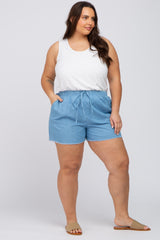 Blue Chambray Frayed Hem Drawstring Maternity Plus Shorts