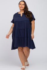 Navy Linen Babydoll Plus Dress