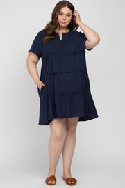 Navy Linen Babydoll Plus Maternity Dress