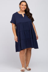 Navy Linen Babydoll Plus Dress