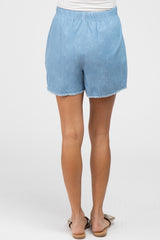 Blue Chambray Frayed Hem Drawstring Maternity Shorts