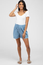 Blue Chambray Frayed Hem Drawstring Maternity Shorts