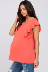 Coral Ruffle Sleeve Maternity Top