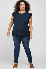 Navy Blue Ruffle Sleeve Maternity Plus Top