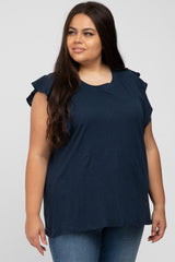 Navy Blue Ruffle Sleeve Maternity Plus Top