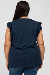 Navy Blue Ruffle Sleeve Plus Top