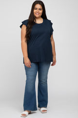 Navy Blue Ruffle Sleeve Plus Top