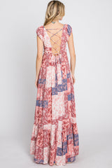 Multi-Color Floral Smocked Front Lace Up Back Maxi Dress