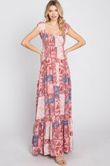 Multi-Color Floral Smocked Front Lace Up Back Maxi Dress