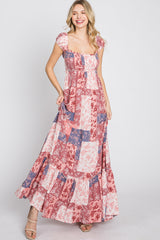 Multi-Color Floral Smocked Front Lace Up Back Maxi Dress