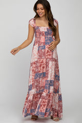 Multi-Color Floral Smocked Front Lace Up Back Maternity Maxi Dress