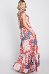 Multi-Color Floral Smocked Front Lace Up Back Maxi Dress