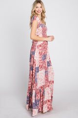 Multi-Color Floral Smocked Front Lace Up Back Maxi Dress