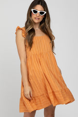 Orange Striped Square Neck Ruffle Strap Maternity Dress