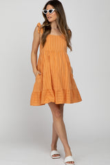 Orange Striped Square Neck Ruffle Strap Maternity Dress