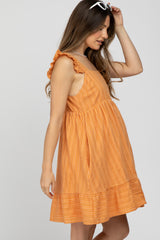 Orange Striped Square Neck Ruffle Strap Maternity Dress