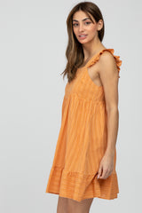 Orange Striped Square Neck Ruffle Strap Dress