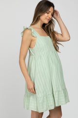 Mint Green Striped Square Neck Ruffle Strap Maternity Dress