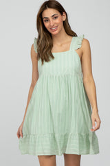 Mint Green Striped Square Neck Ruffle Strap Maternity Dress