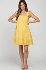 Yellow Striped Square Neck Ruffle Strap Maternity Dress