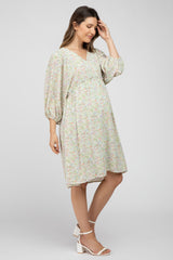 Light Olive Floral Ruffle Waist Maternity Dress