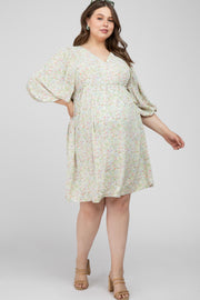 Light Olive Floral Ruffle Waist Maternity Plus Dress