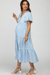 Light Blue Floral Embroidered Button Front Maternity Midi Dress