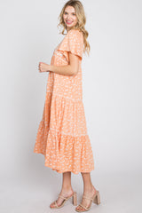 Orange Floral Embroidered Button Front Midi Dress