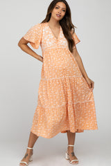 Orange Floral Embroidered Button Front Maternity Midi Dress